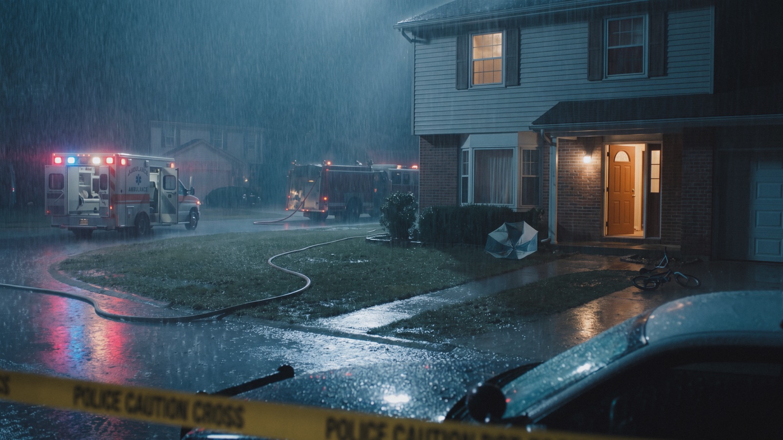 Kai's house in the past timeline, rain-washed and warm-lit