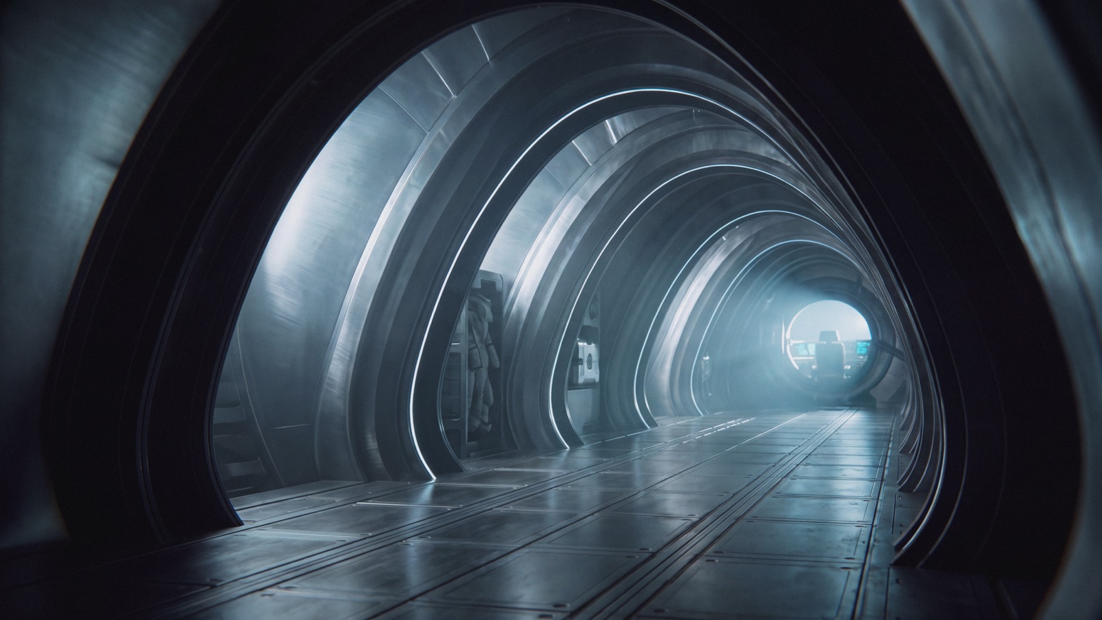 Ribbed metallic corridor leading to the ship's lit cockpit