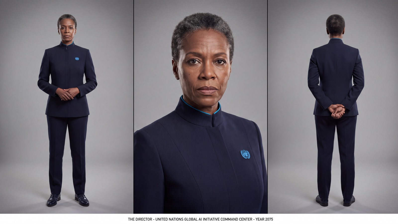 Director Amanda character sheet — navy command uniform, three panels