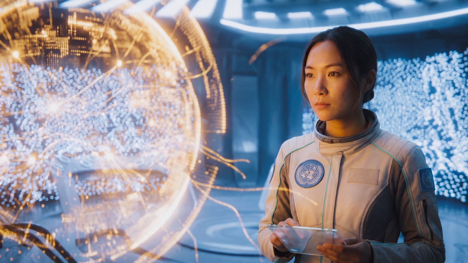 Mei at the Atlas core console, lit by the orb