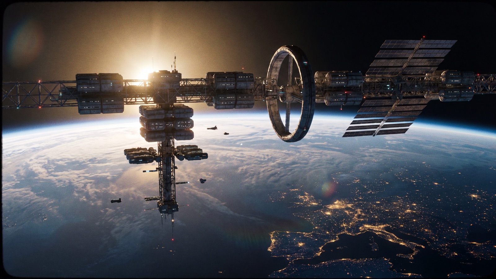 The orbital relay station — truss, ring, and solar panels over Earth