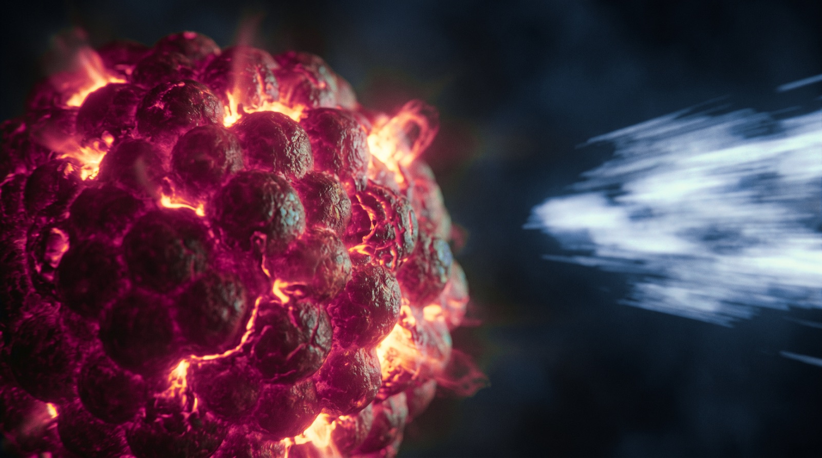 Toxic air molecule — jagged red mass shedding vapor