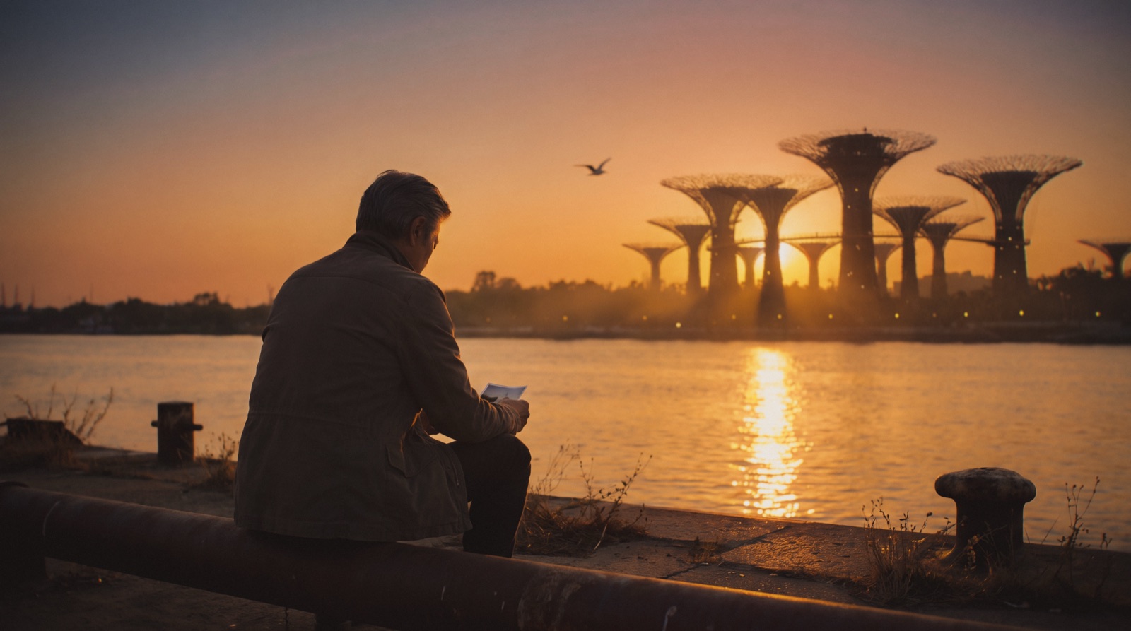 Kai seated at the riverside under an amber hazy sunset