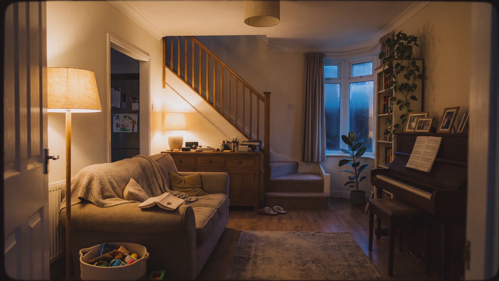 Kai's living room in the past timeline — warm lamplight, piano, staircase