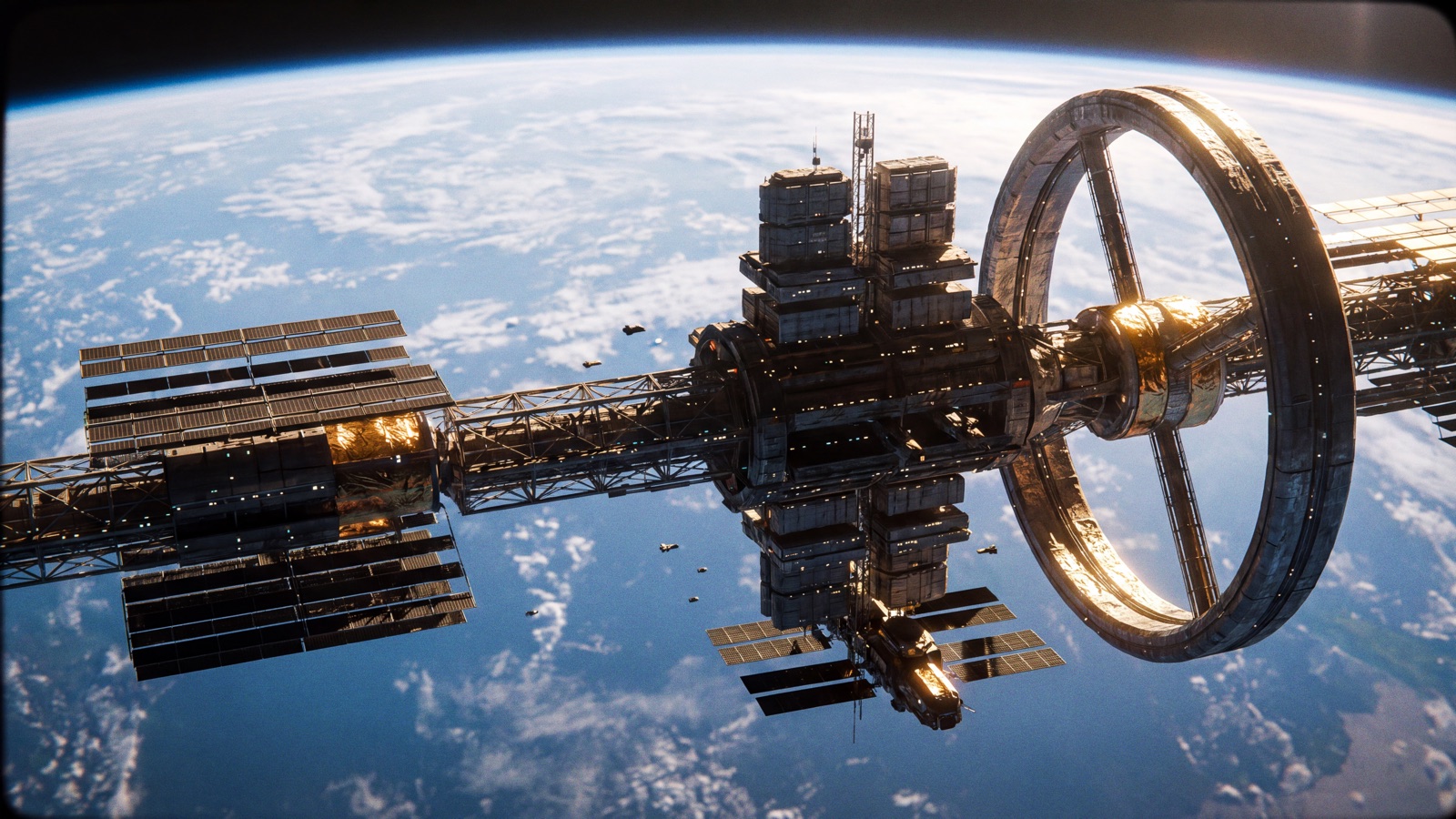 Orbital relay station ring over Earth's horizon