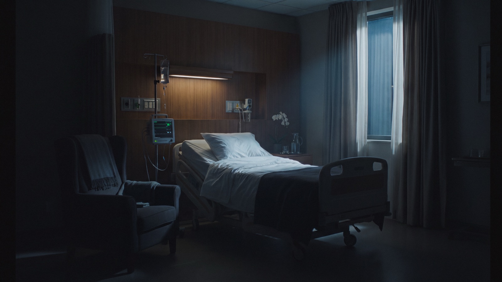 The hospital room — bed by the window, monitors glowing