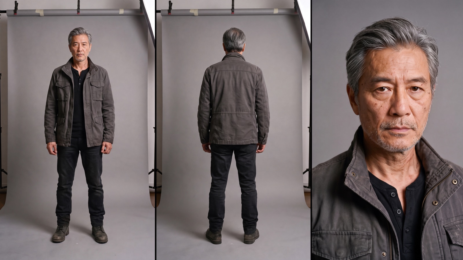 Kai Lau character sheet — front, back, and close-up panels
