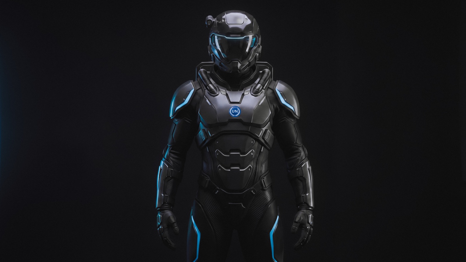 The Aero-Kinetic Exo-Suit — black articulated armor, full body