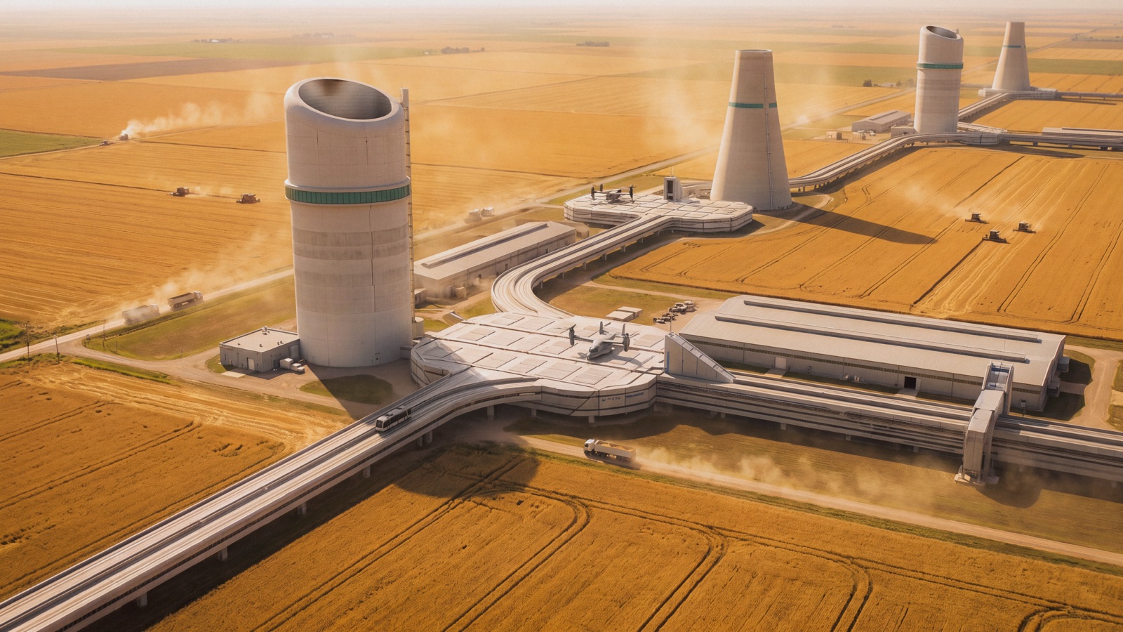 Farmland under amber haze with atmospheric processing towers