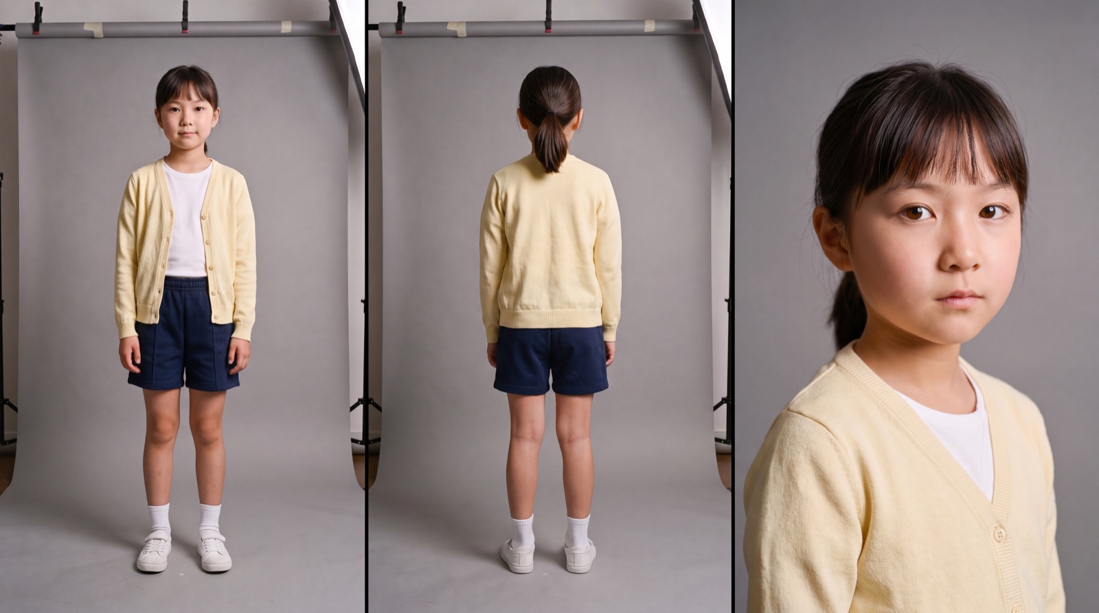 Young Mei character sheet — ten years old, three panels