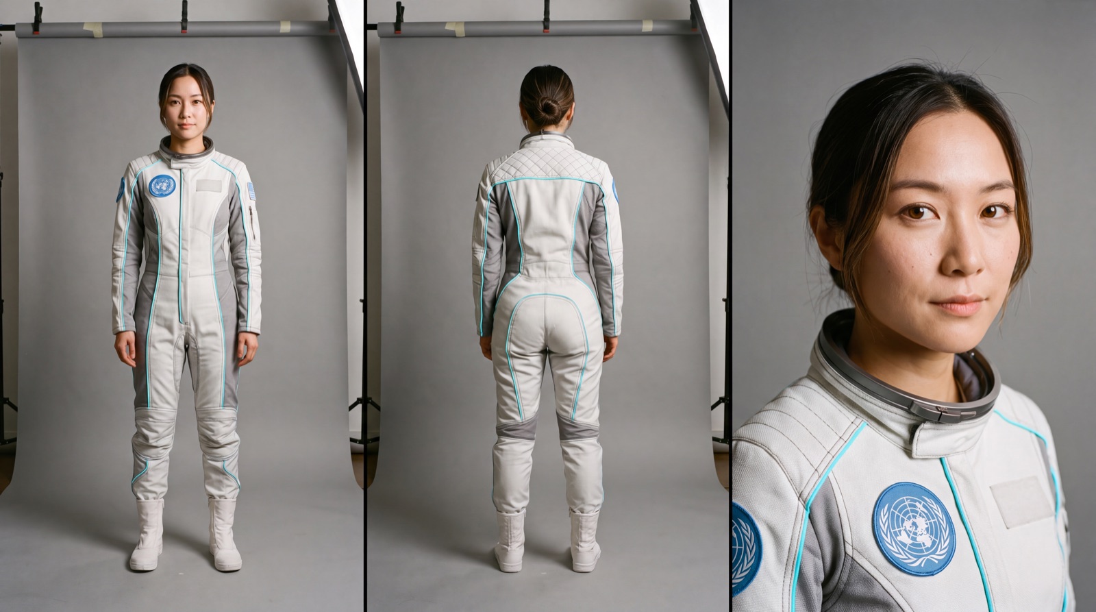 Mei Lau character sheet — white flight suit, three panels