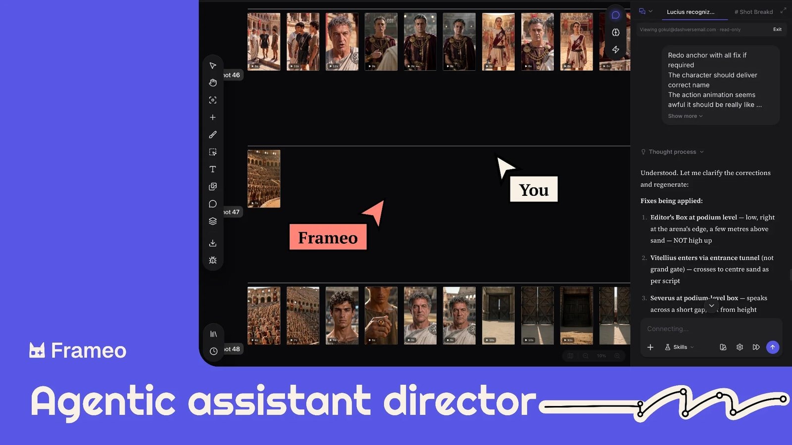 Frameo's agentic canvas: an assistant-director chat beside a shot-by-shot production board.