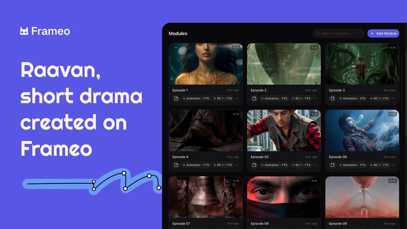A production view of Raavaan on Frameo: episode boards of stills from the show.